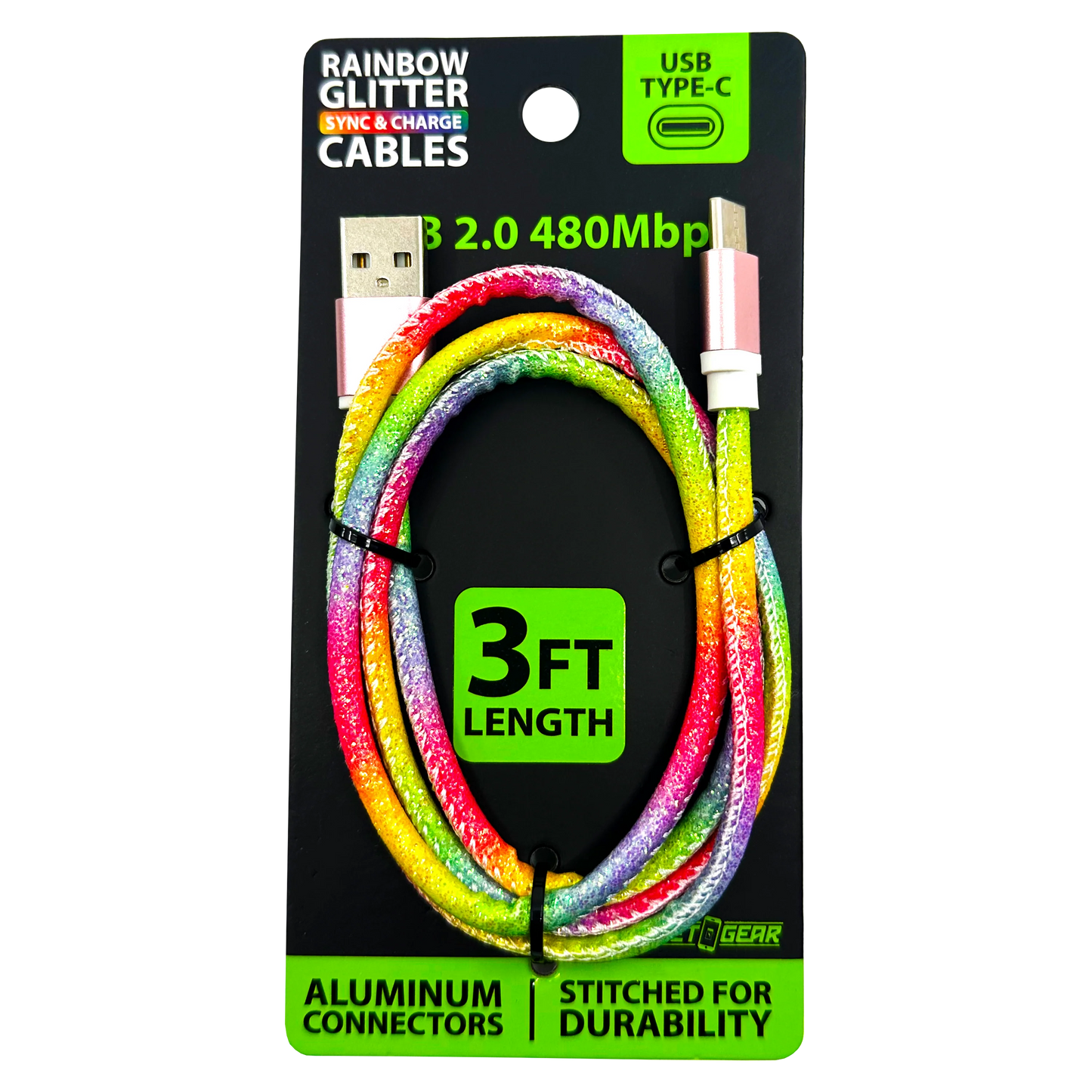 Charging Cable Rainbow Assortment 3FT - 12 Pieces Per Retail Ready Display 88456