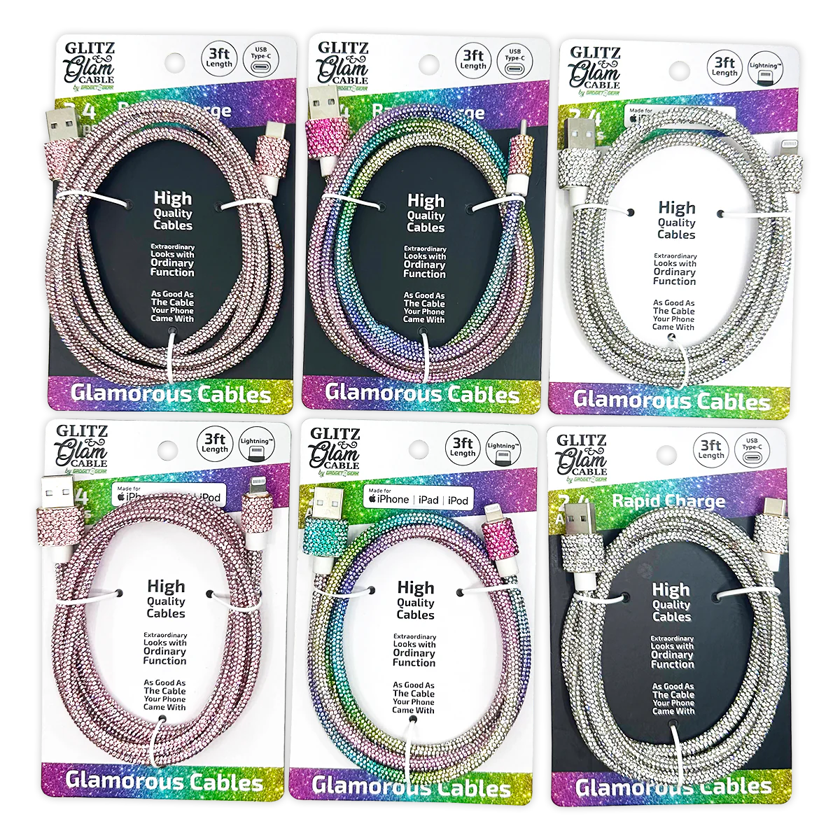 Charging Cable Glitz N Glam Assortment - 6 Pieces Per Retail Ready Display 24130