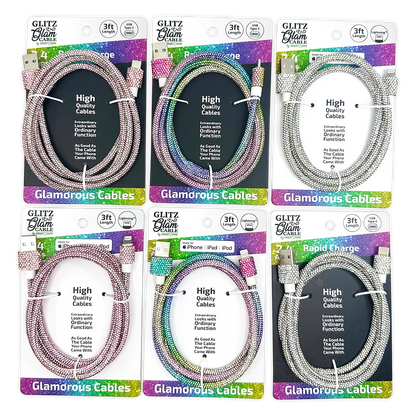 Charging Cable Glitz N Glam Assortment - 6 Pieces Per Retail Ready Display 24130