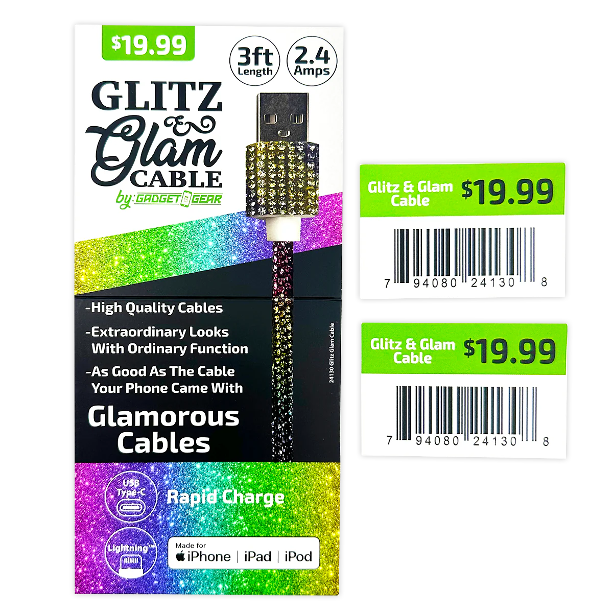 Charging Cable Glitz N Glam Assortment - 6 Pieces Per Retail Ready Display 24130