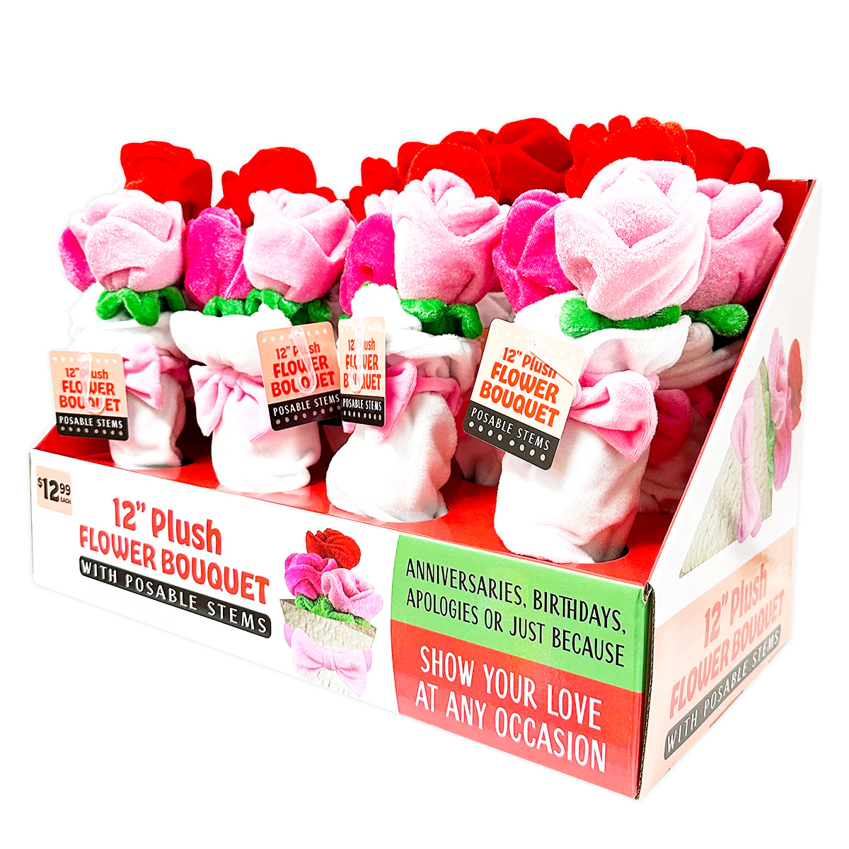 Plush Rose Bouquet 12" Assortment - 8 Pieces Per Retail Ready Display 41663