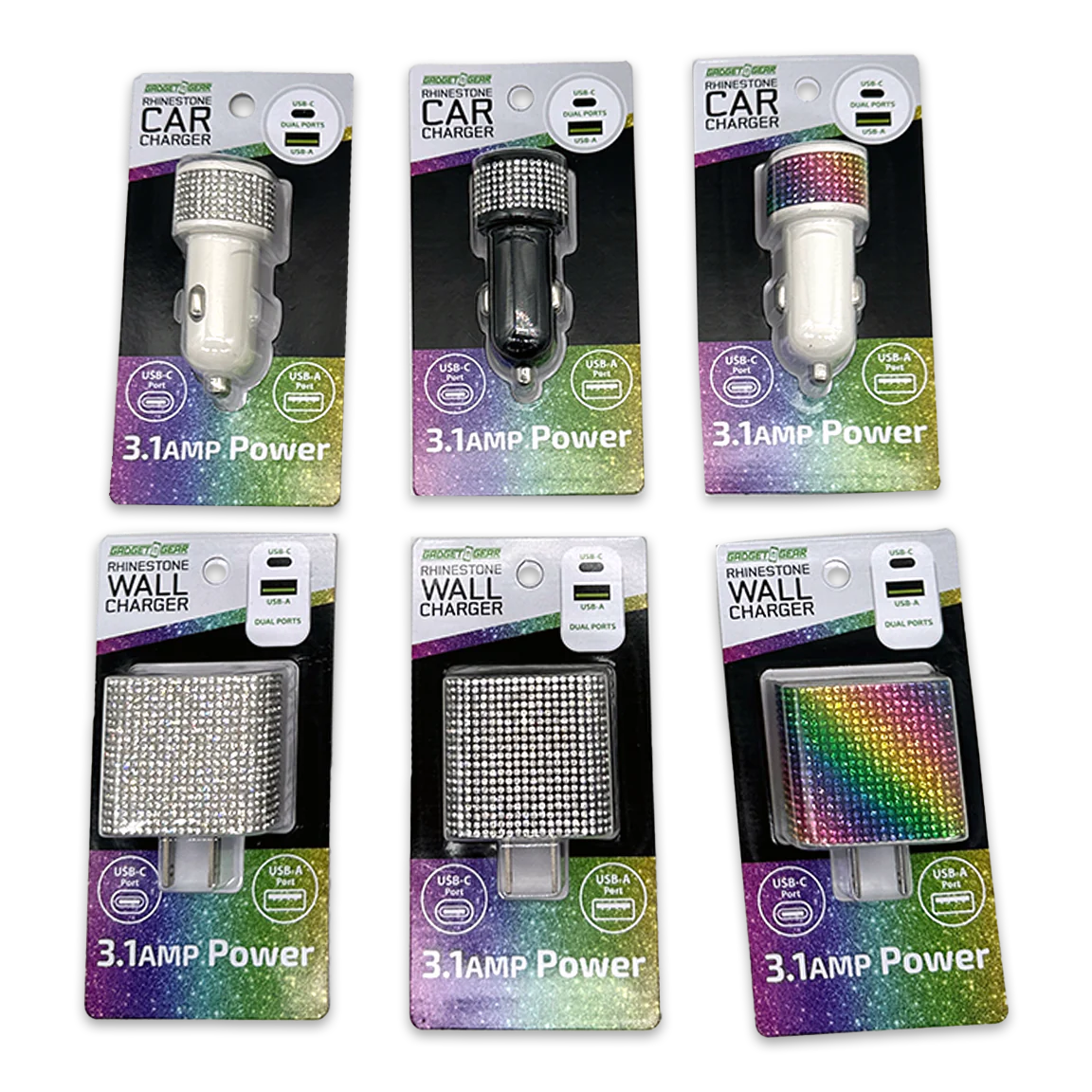 Car Charger and Wall Charger Dual Port USB / USB-C Rhinestone Assortment - 6 Pieces Per Retail Ready Display 88502