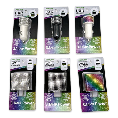 Car Charger and Wall Charger Dual Port USB / USB-C Rhinestone Assortment - 6 Pieces Per Retail Ready Display 88502