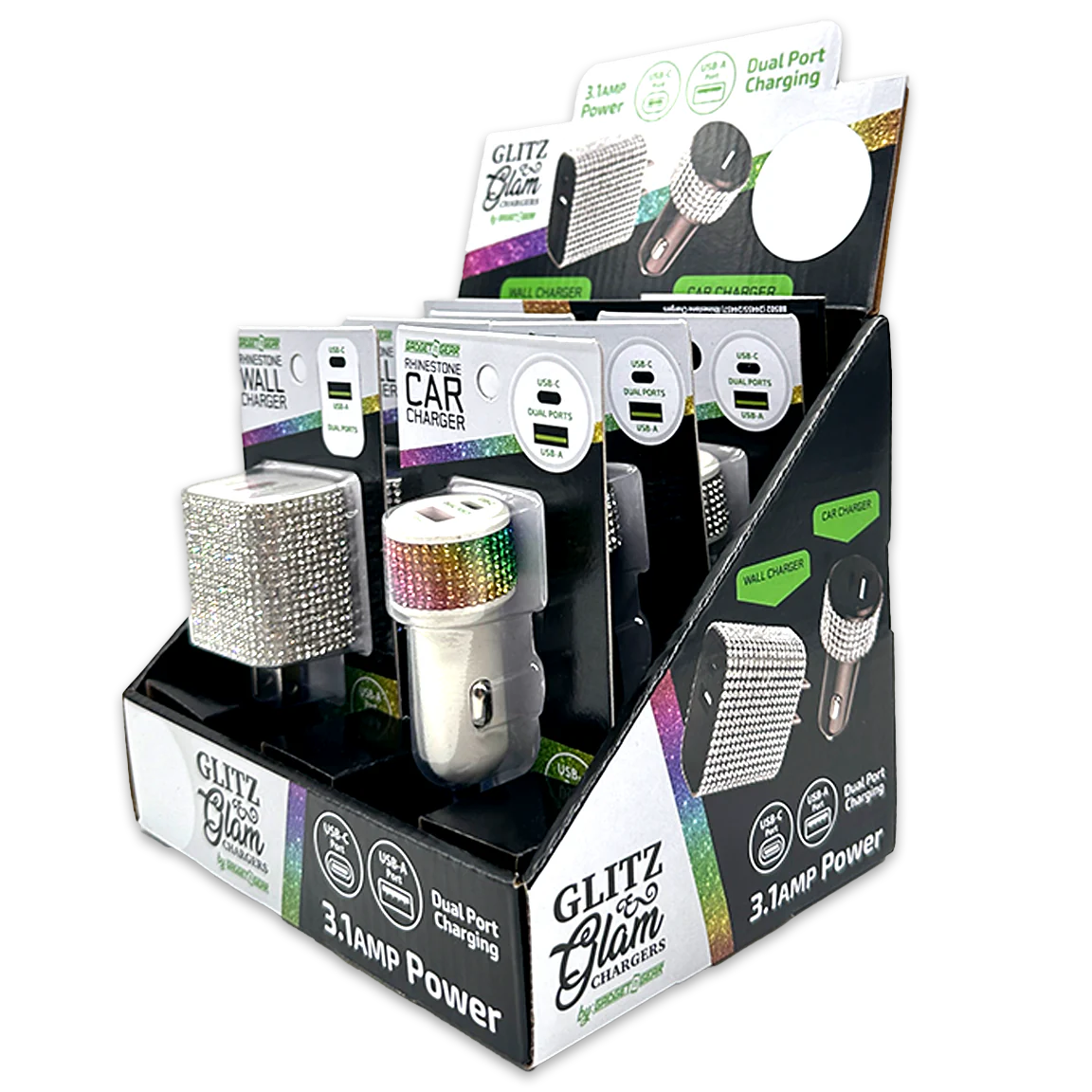 Car Charger and Wall Charger Dual Port USB / USB-C Rhinestone Assortment - 6 Pieces Per Retail Ready Display 88502