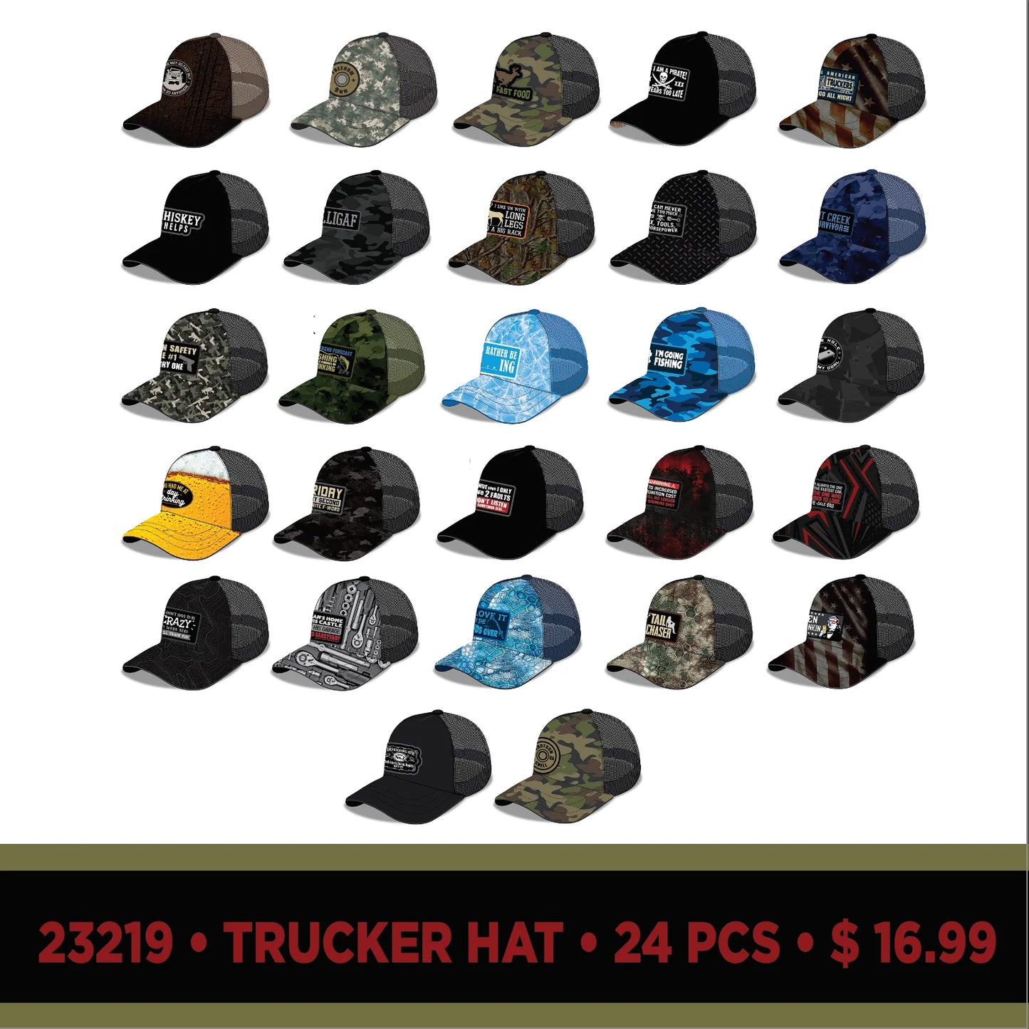 Trucker Hat Ball Cap Assortment Clip Strip - 12 Pieces Per Pack 23219L